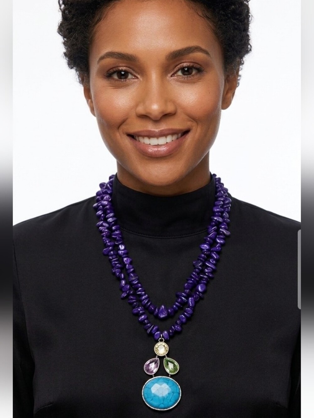 Blue Beaded Necklace with Multicolor Gem Pendant - Bohemian, Statement